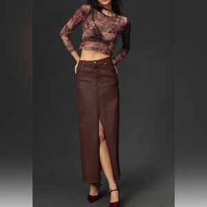 Anthropologie Coated Denim Front-Slit Brown Maxi Skirt